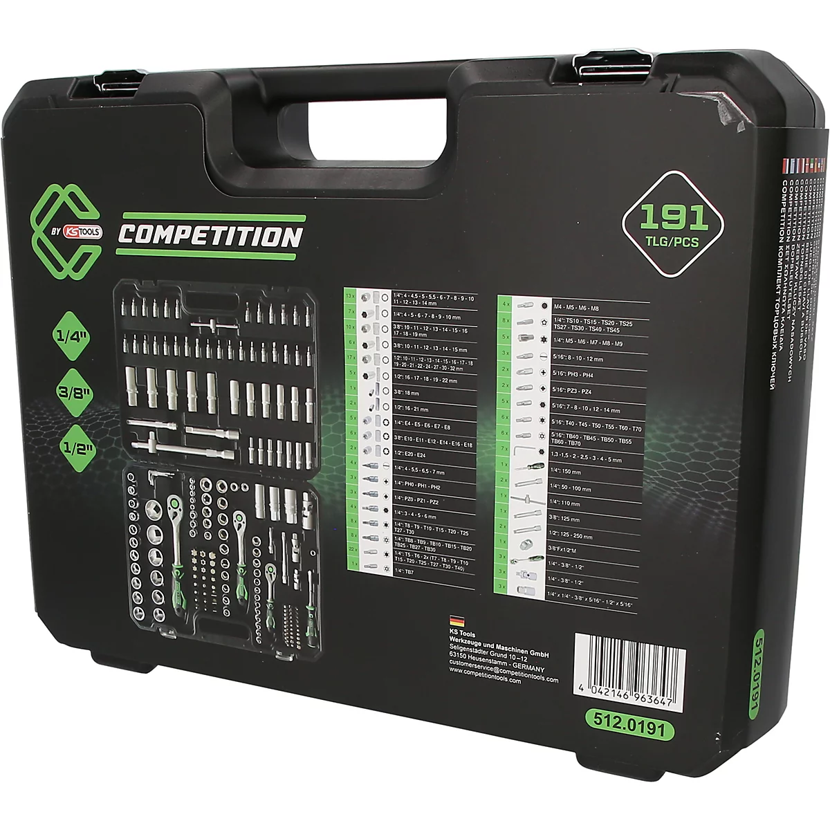 Mallette à outils noire KS Tools Competition de 191 pièces avec inventaire imprimé sur le devant.
