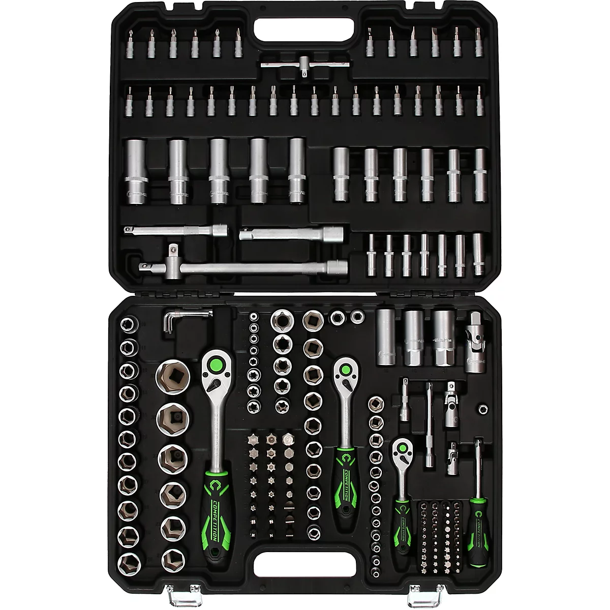 Jeu complet de clés à douille dans une mallette en plastique noir avec embouts, cliquets et tournevis assortis.