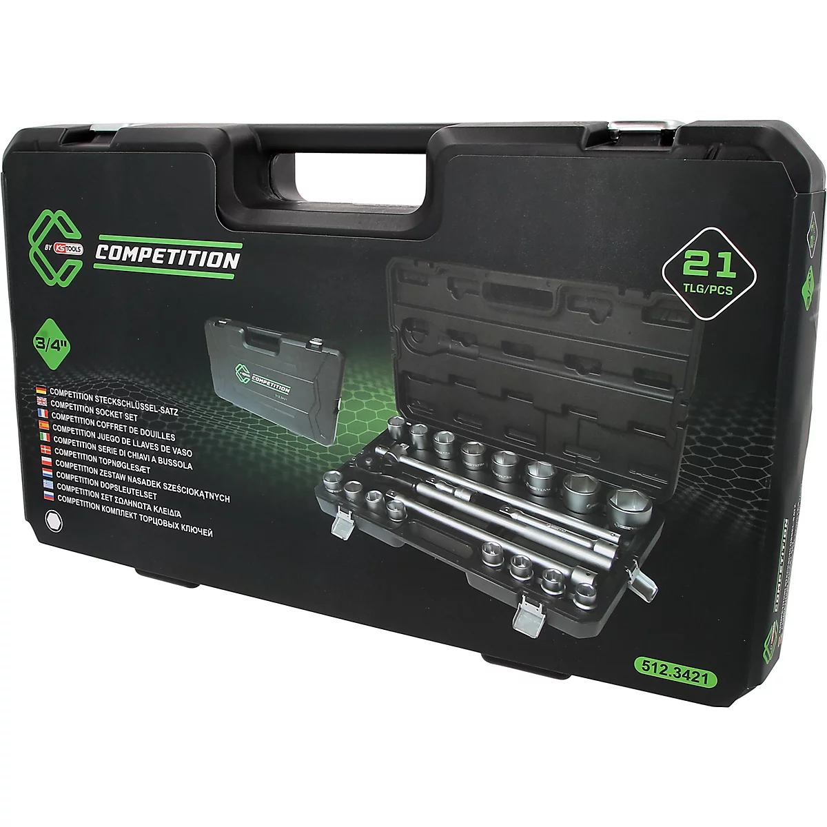 Coffret à outils noir avec un jeu de 21 douilles de 3/4 pouce sur fond vert.