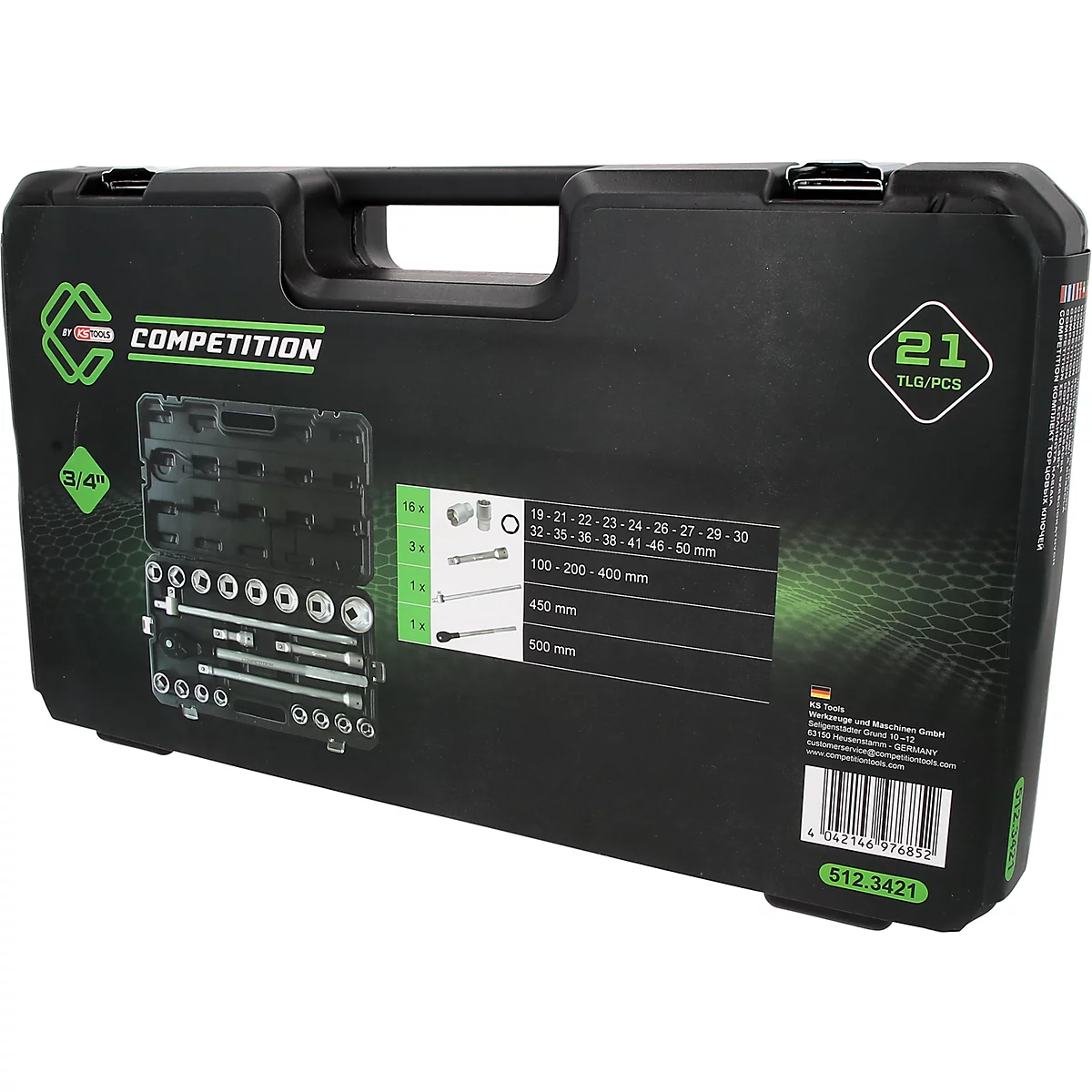 Mallette à outils noire de 21 pièces KS Tools avec marquage vert et aperçu du contenu.