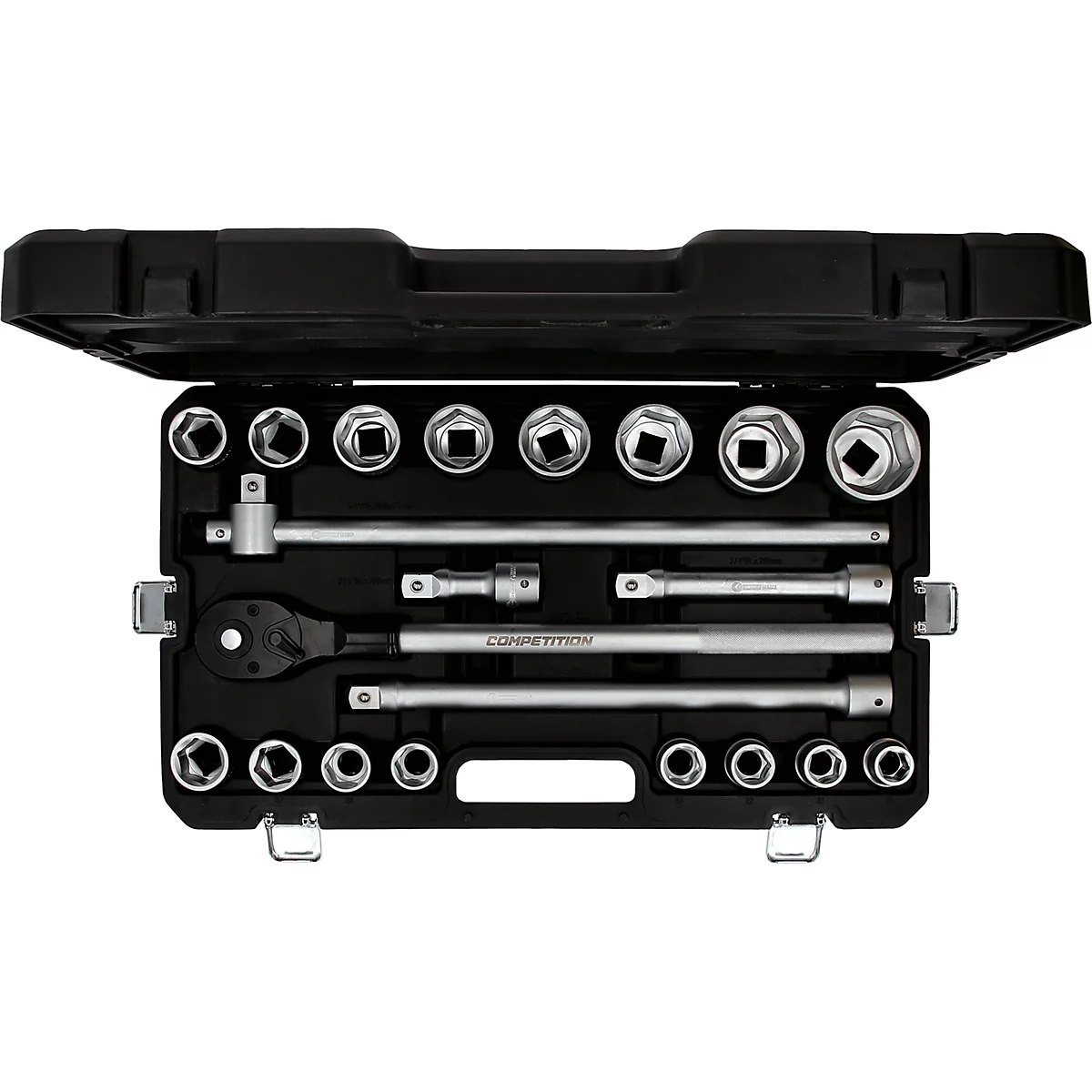 Une mallette à outils noire avec couvercle ouvert, contenant divers jeux de douilles et accessoires.