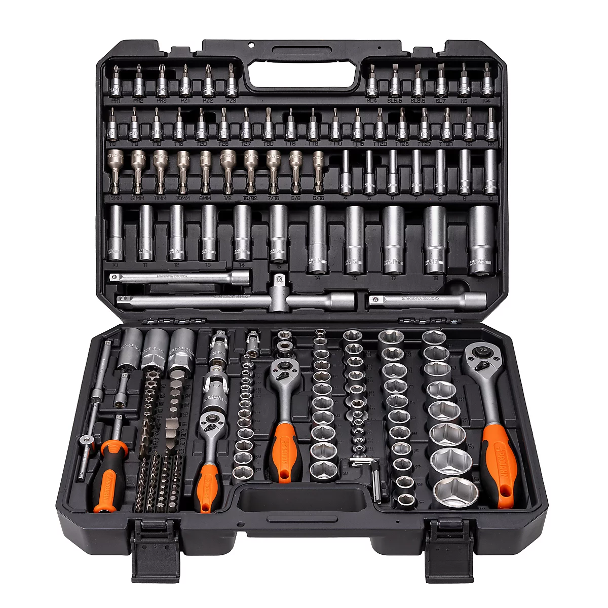 Grande mallette à outils en plastique noir remplie de diverses douilles, embouts et trois cliquets avec des poignées orange et noir.