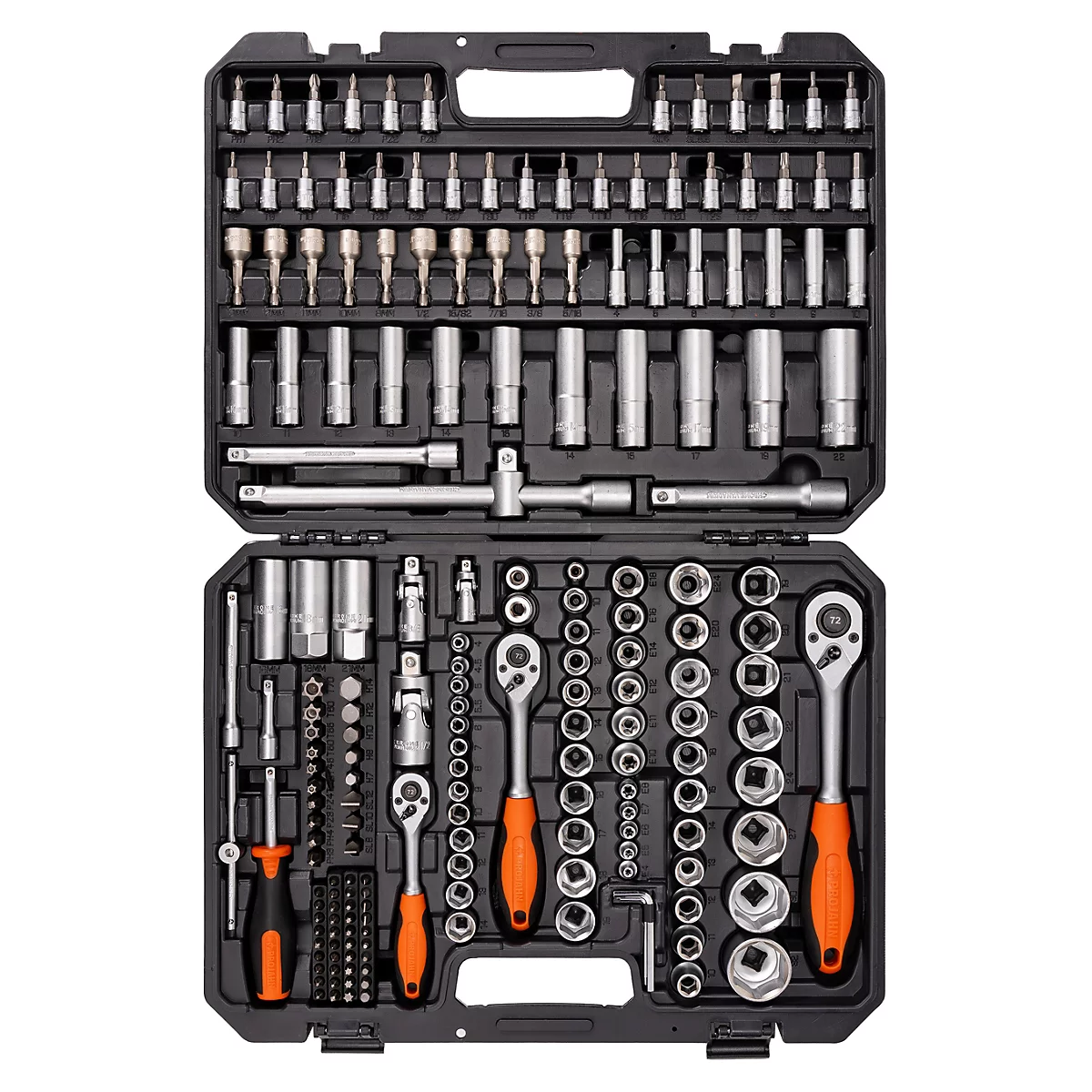 Grande mallette à outils avec cliquets, douilles et embouts rangés dans un compartiment en plastique noir.