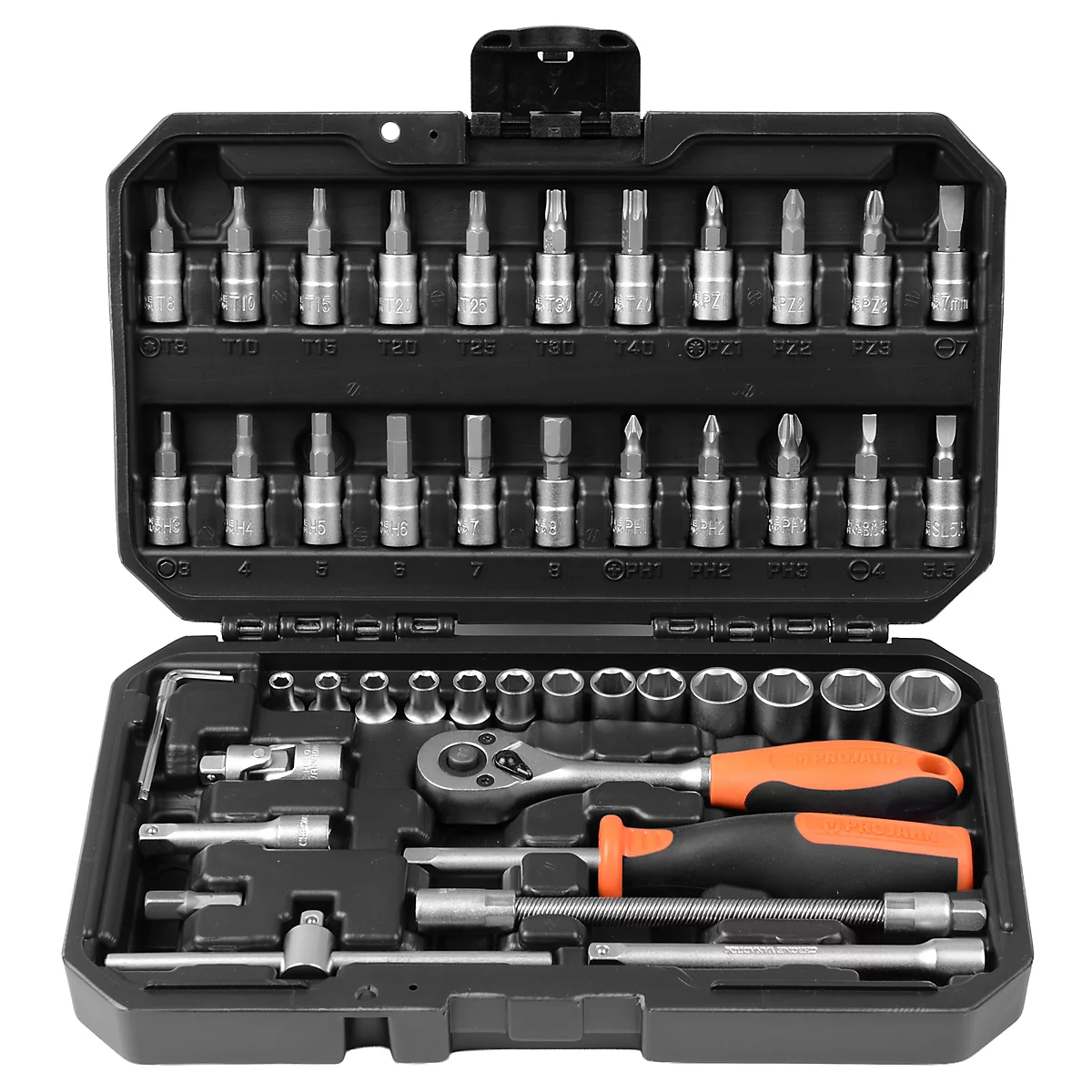 Mallette à outils noire contenant divers embouts, douilles, un cliquet et un tournevis.