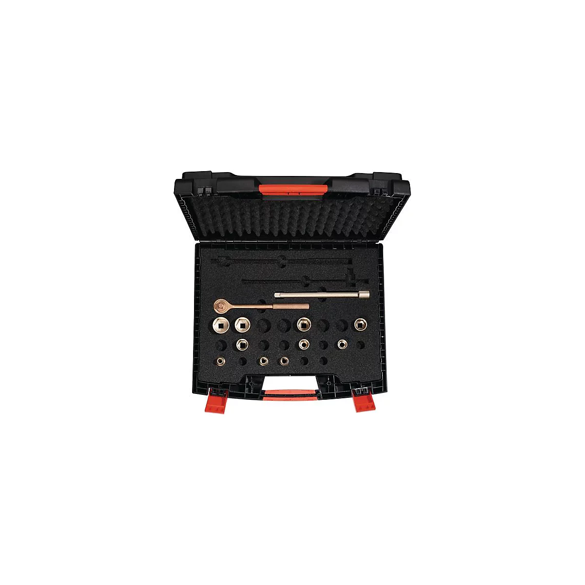Mallette à outils ouverte. Intérieur en mousse avec outils, cliquets et douilles. Boîte noire avec une fermeture rouge.