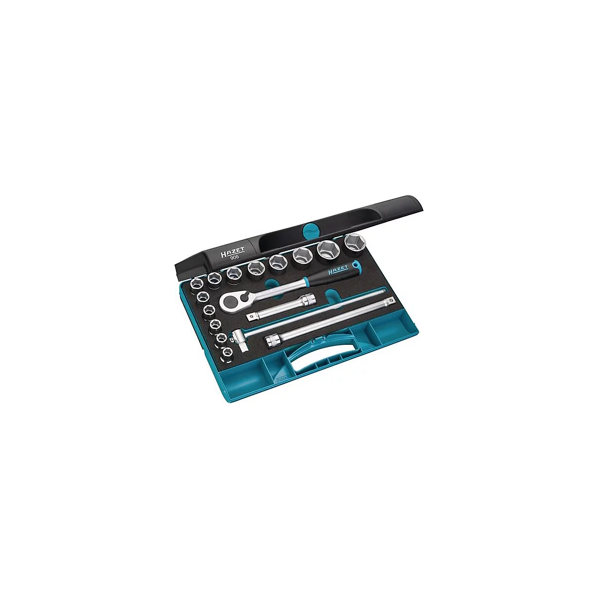 Boîte à outils avec clés, douilles et rallonges. Coffret noir avec intérieur turquoise. Logo HAZET.