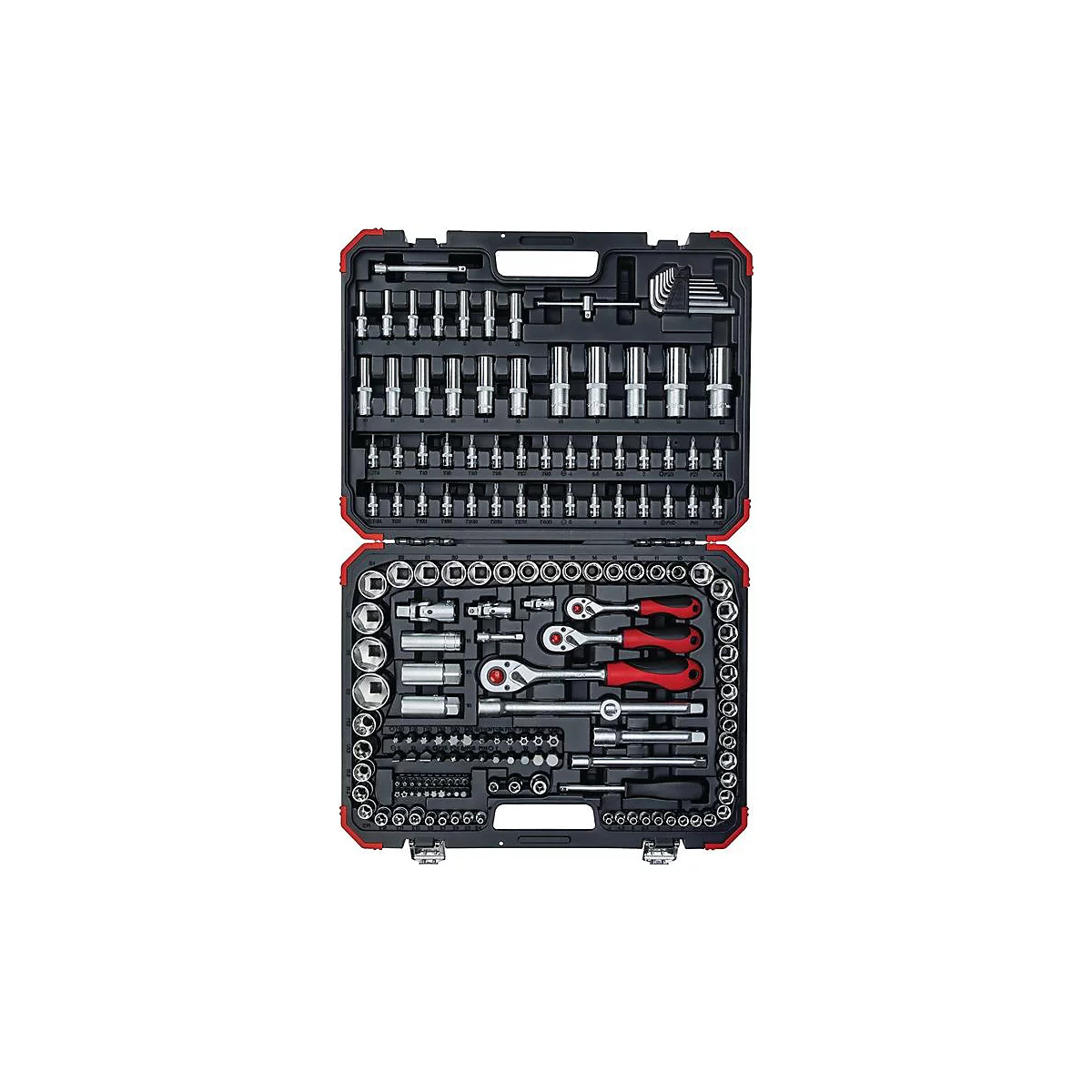Boîte à outils remplie de divers outils. Ceux-ci comprennent des clés, des douilles et des embouts de différentes tailles.