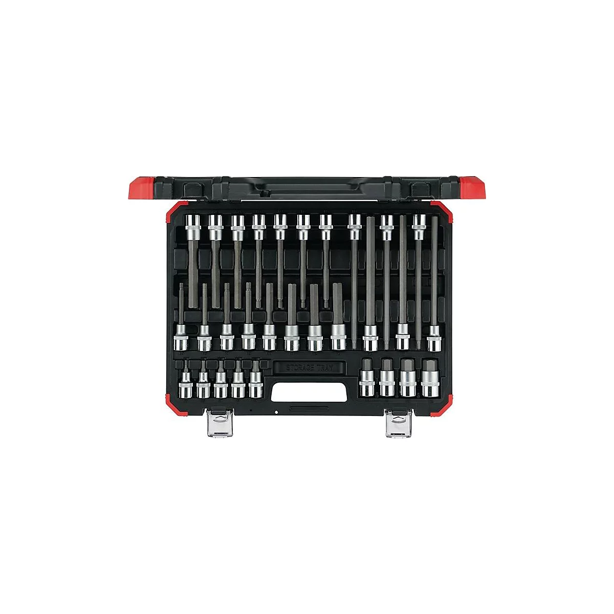 Une boîte à outils ouverte avec un ensemble de clés et d'accessoires. Mallette noire, cadre rouge, outils en métal.