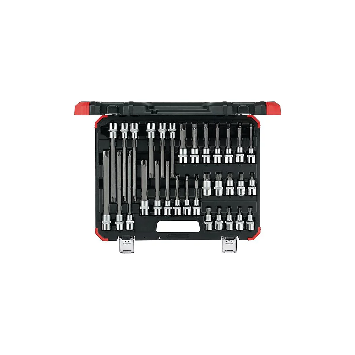 Une boîte à outils, remplie de divers outils à vis, est ouverte sur une surface.