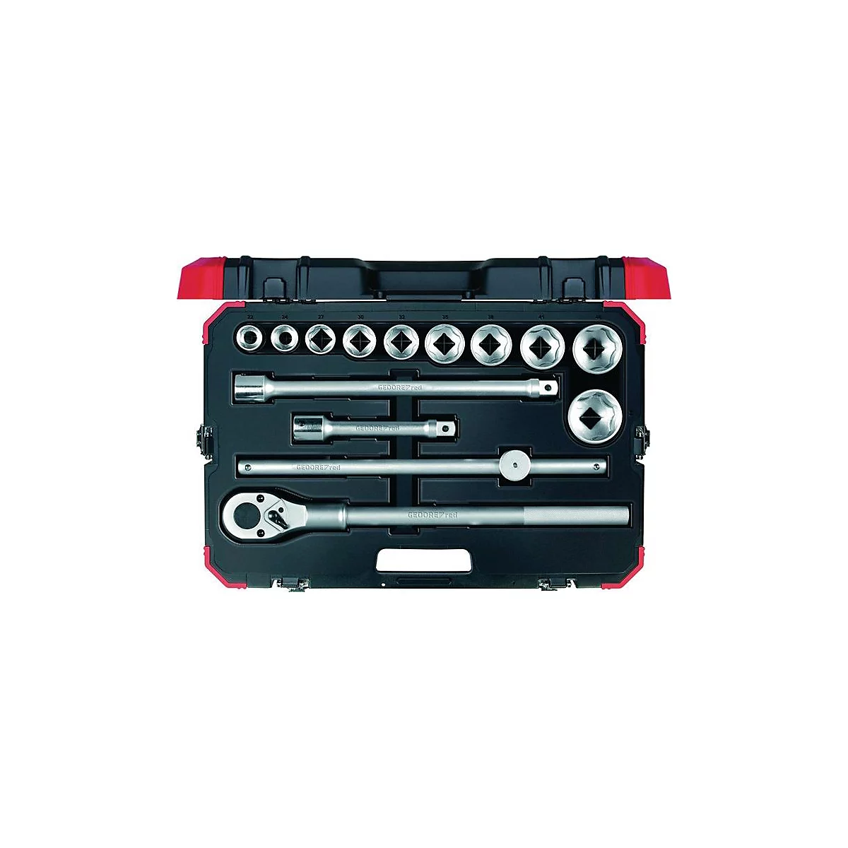 Une boîte à outils ouverte avec des douilles et accessoires argentés sur fond noir.