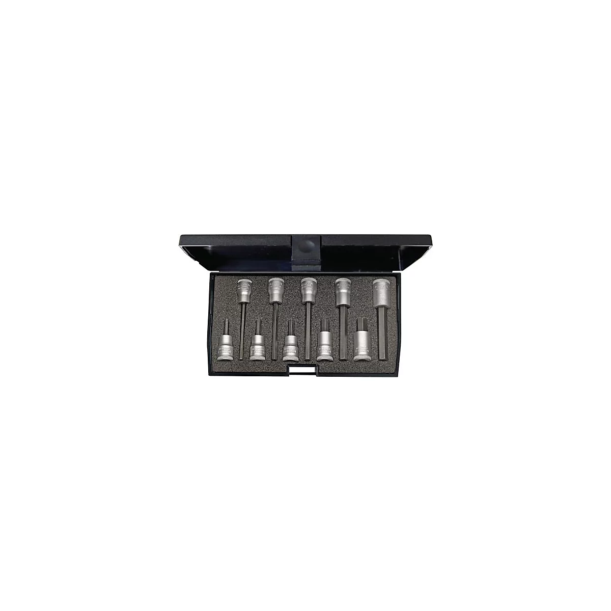 Boîte à outils avec différents embouts de douille hexagonale dans une boîte noire sur de la mousse noire.
