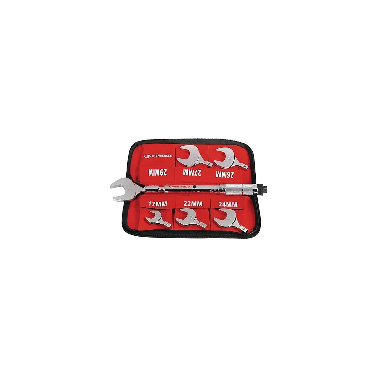 Trousse à outils avec clés, indications de taille, intérieur rouge. Logo du fabricant Rothenberger.