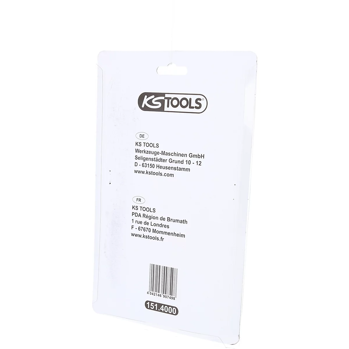Dos d'un emballage blister transparent de KS Tools avec adresse de l'entreprise et code-barres.