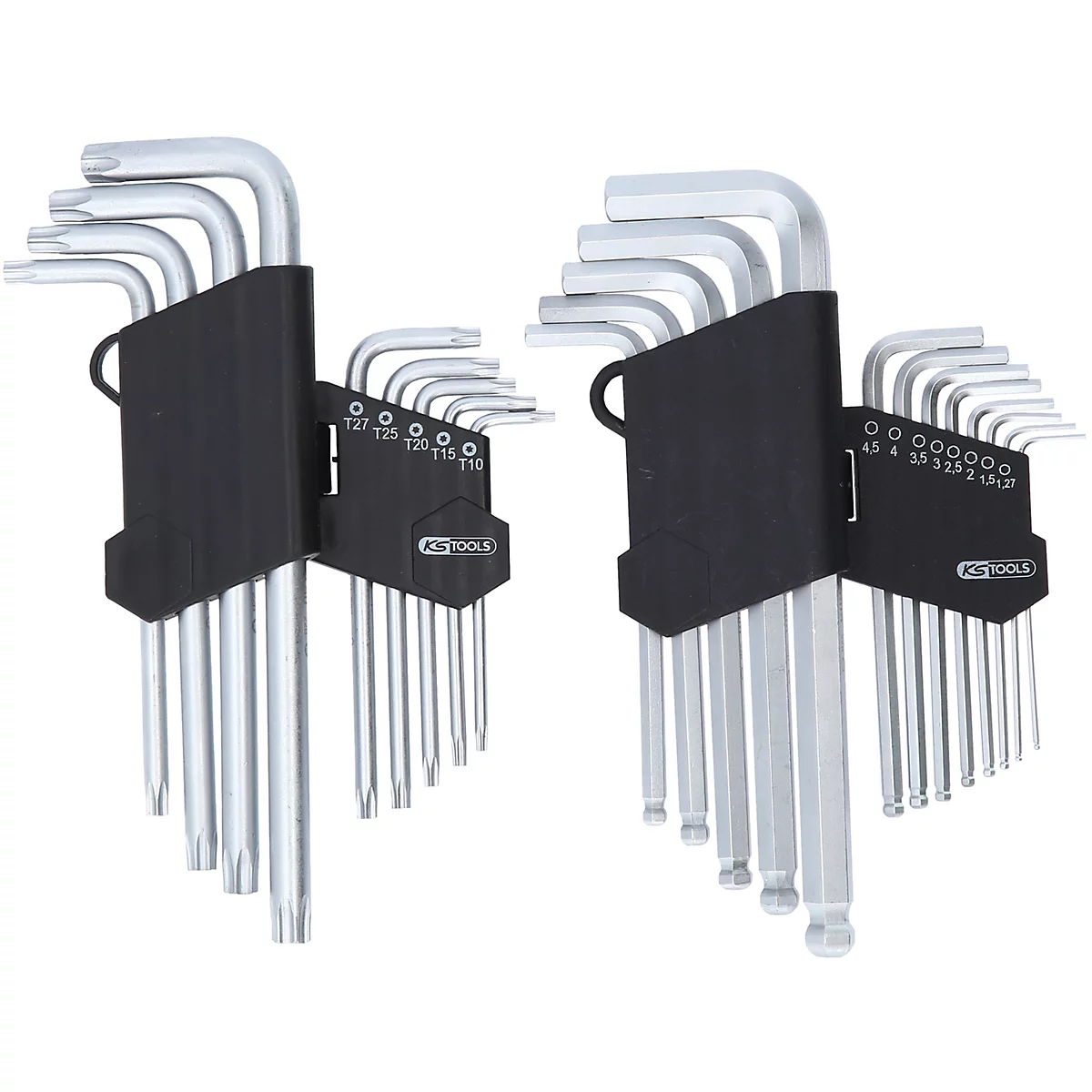 Deux jeux de clés coudées KS Tools dans des supports en plastique noir sur fond blanc.