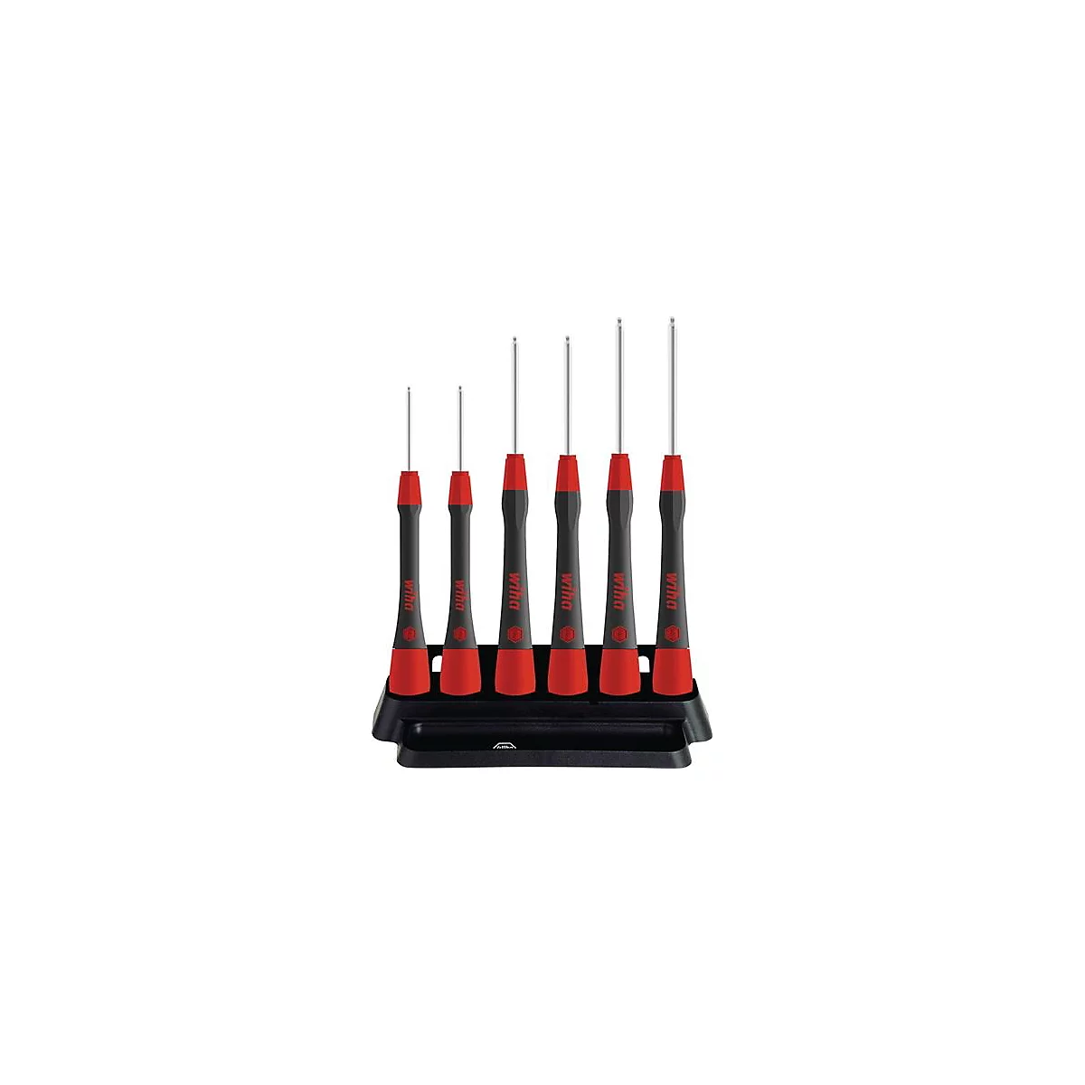 Un ensemble de tournevis, rouges et noirs avec des pointes blanches, sont dans un support noir. Chaque manche porte la mention "Wiha".