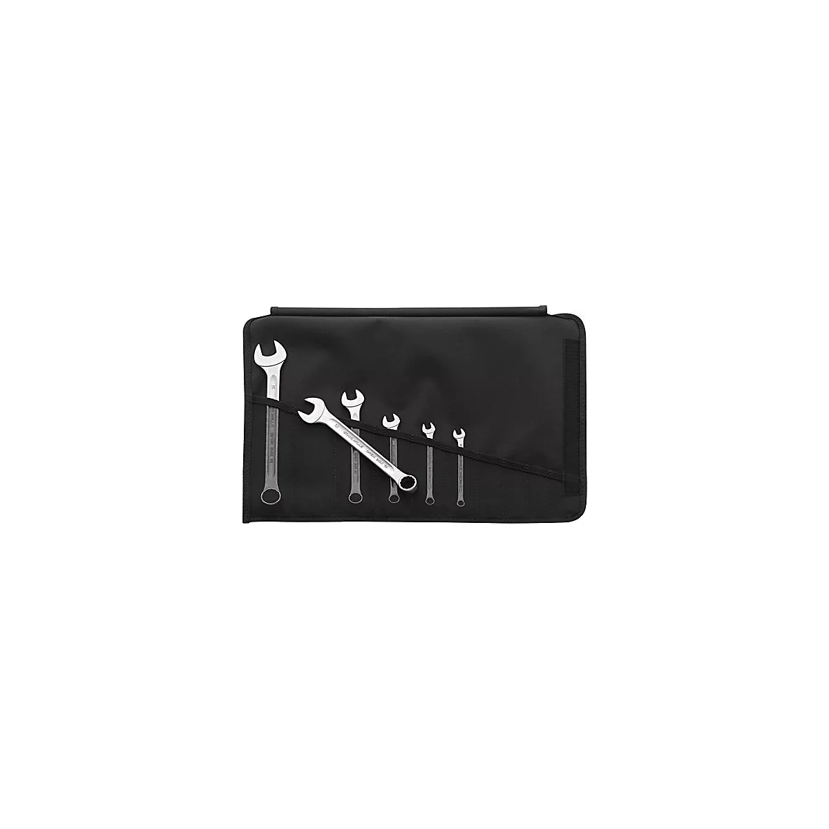 Un rouleau d'outils avec diverses clés, dépassant partiellement de la pochette noire.