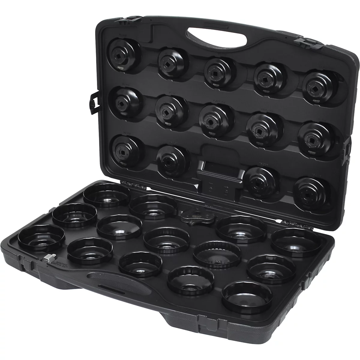 Boîte à outils noire, ouverte, remplie de clés à filtre à huile noires de différentes tailles.