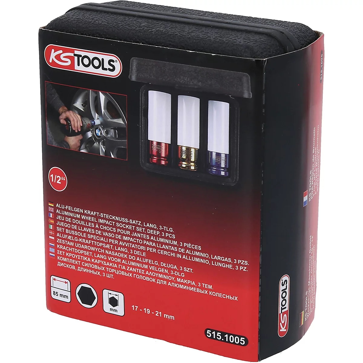 Coffret à outils noir avec trois douilles de couleurs différentes, dont rouge, or et bleu. Le coffret porte le logo KS TOOLS.