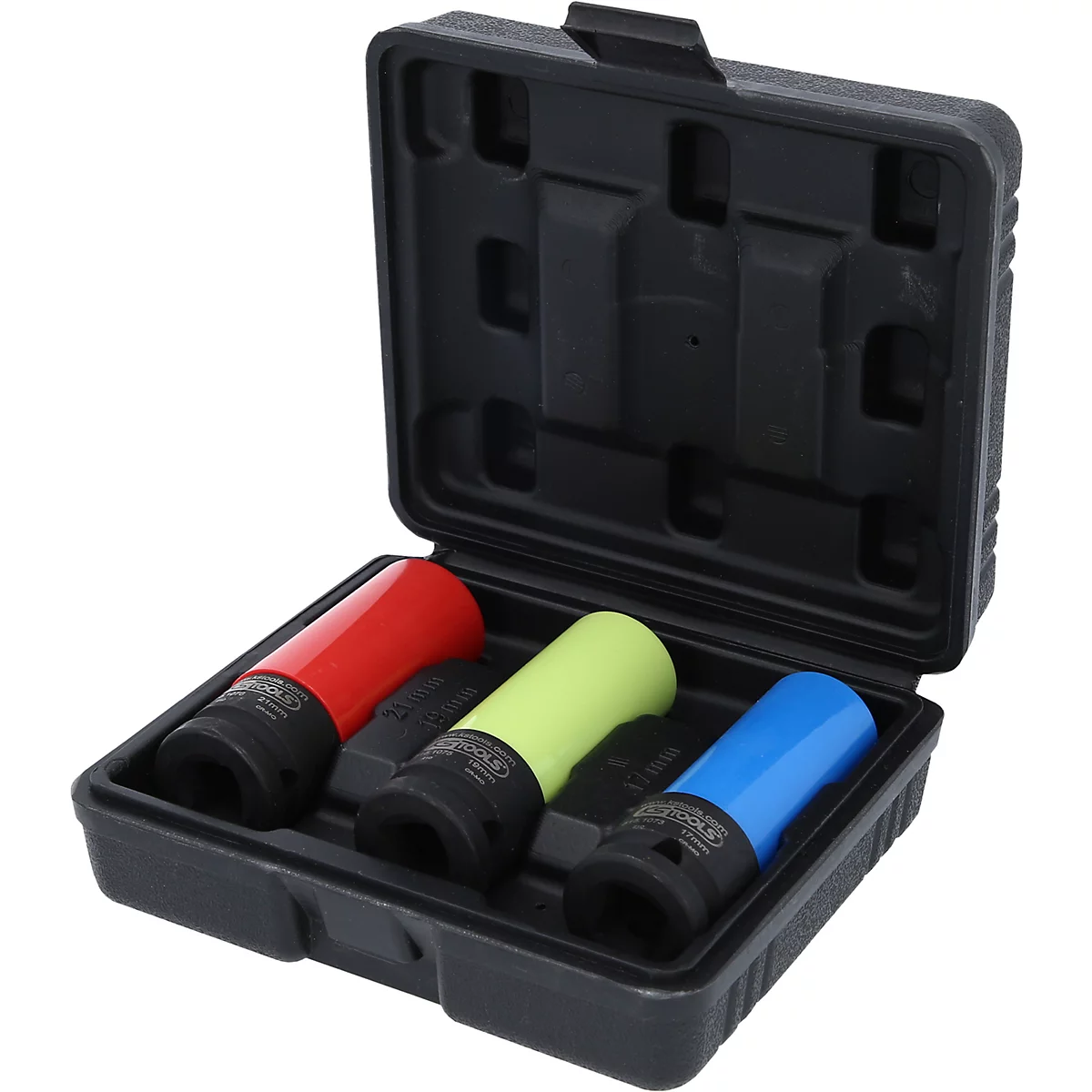 Une boîte à outils noire contenant trois douilles colorées. Rouge, jaune et bleu.