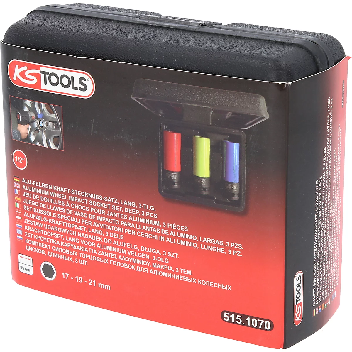 Mallette à outils noire avec trois douilles colorées. Il y a un logo et des noms de produits sur l'emballage.