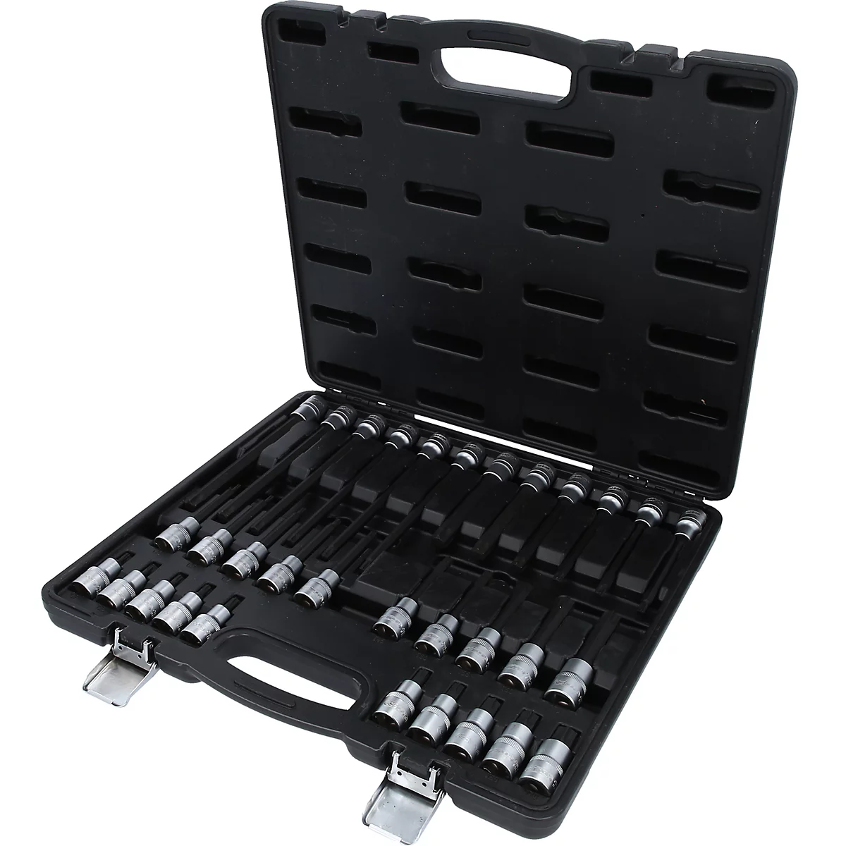 Mallette à outils ouverte en plastique noir, remplie de divers embouts de clé à douille.