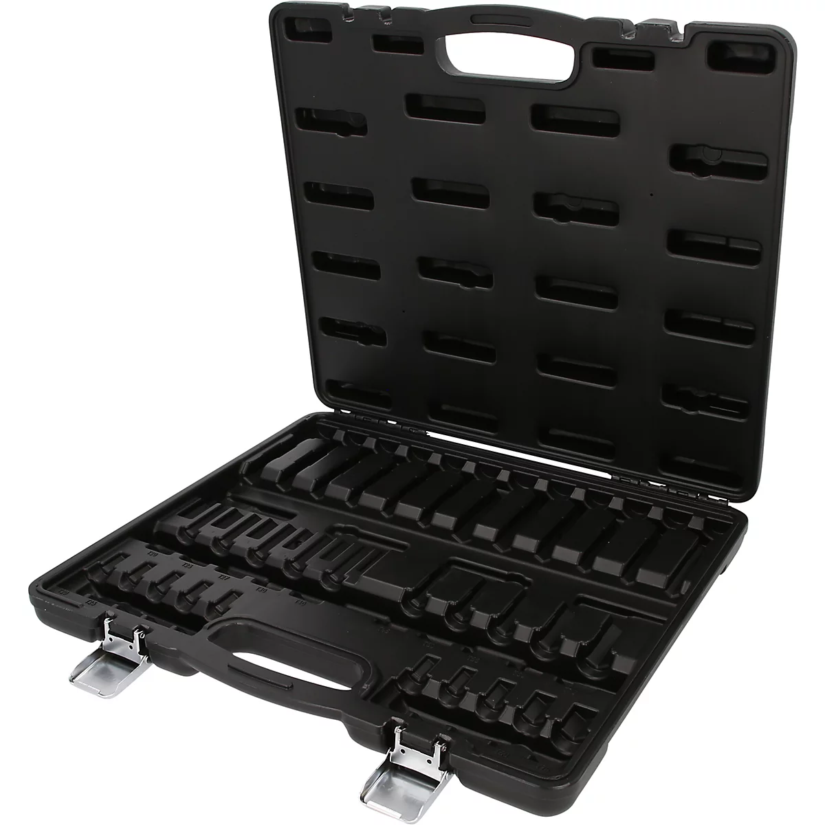 Mallette à outils vide en plastique noir avec inserts moulés sur mesure et deux fermetures métalliques.