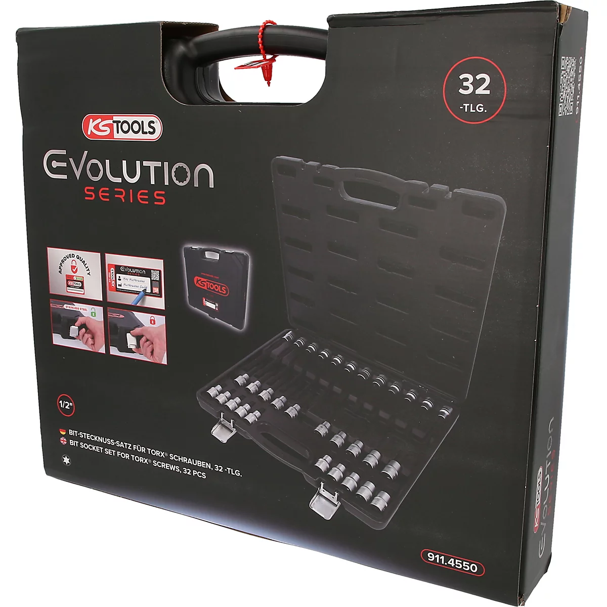 Coffret de 32 douilles-embouts KS Tools Evolution Series pour vis Torx dans une mallette noire.