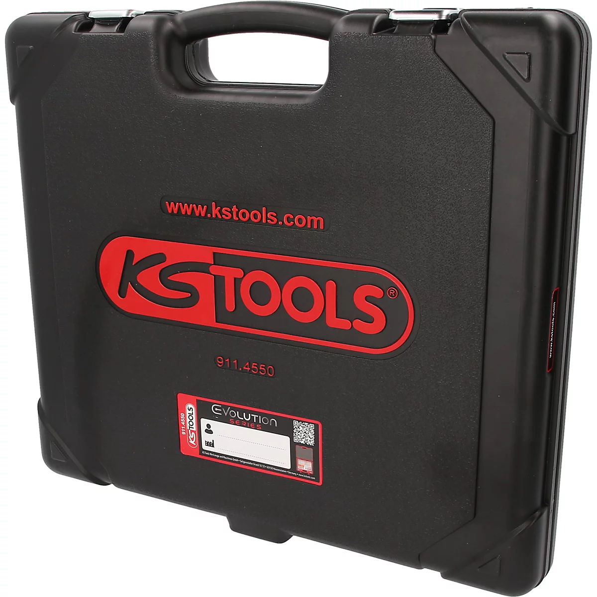 Mallette à outils KS Tools en plastique noir avec logo et étiquette rouges.