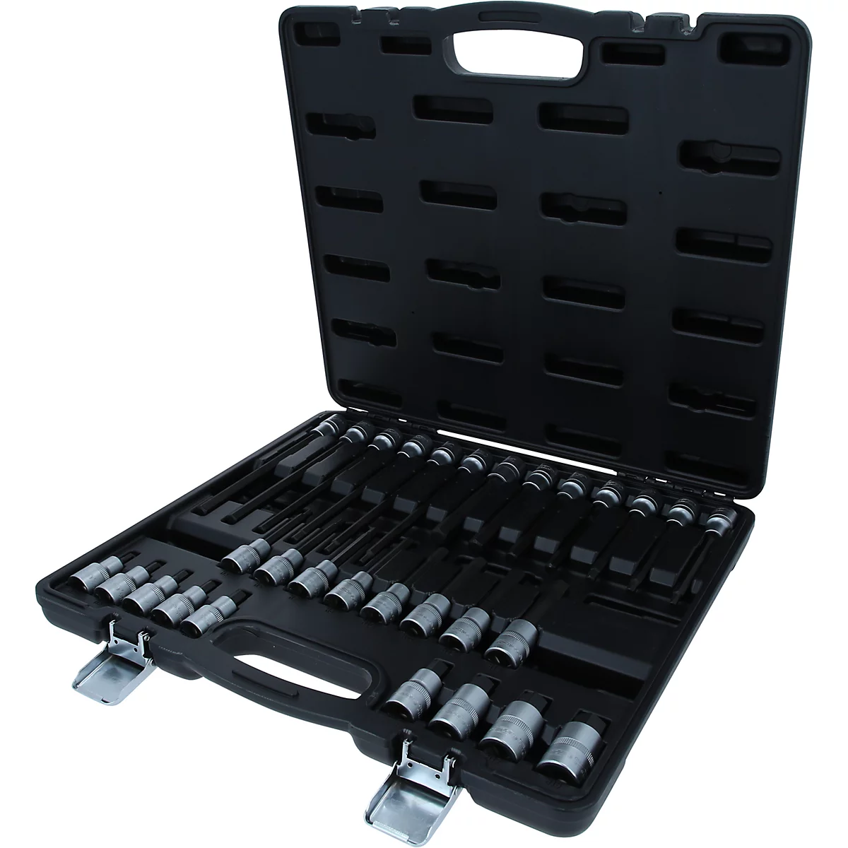 Mallette à outils noire ouverte en plastique contenant divers embouts de clé à douille argentés.