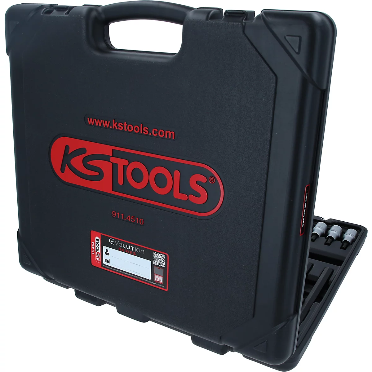 Mallette à outils noire de KS Tools avec logo rouge et étiquette, légèrement ouverte.