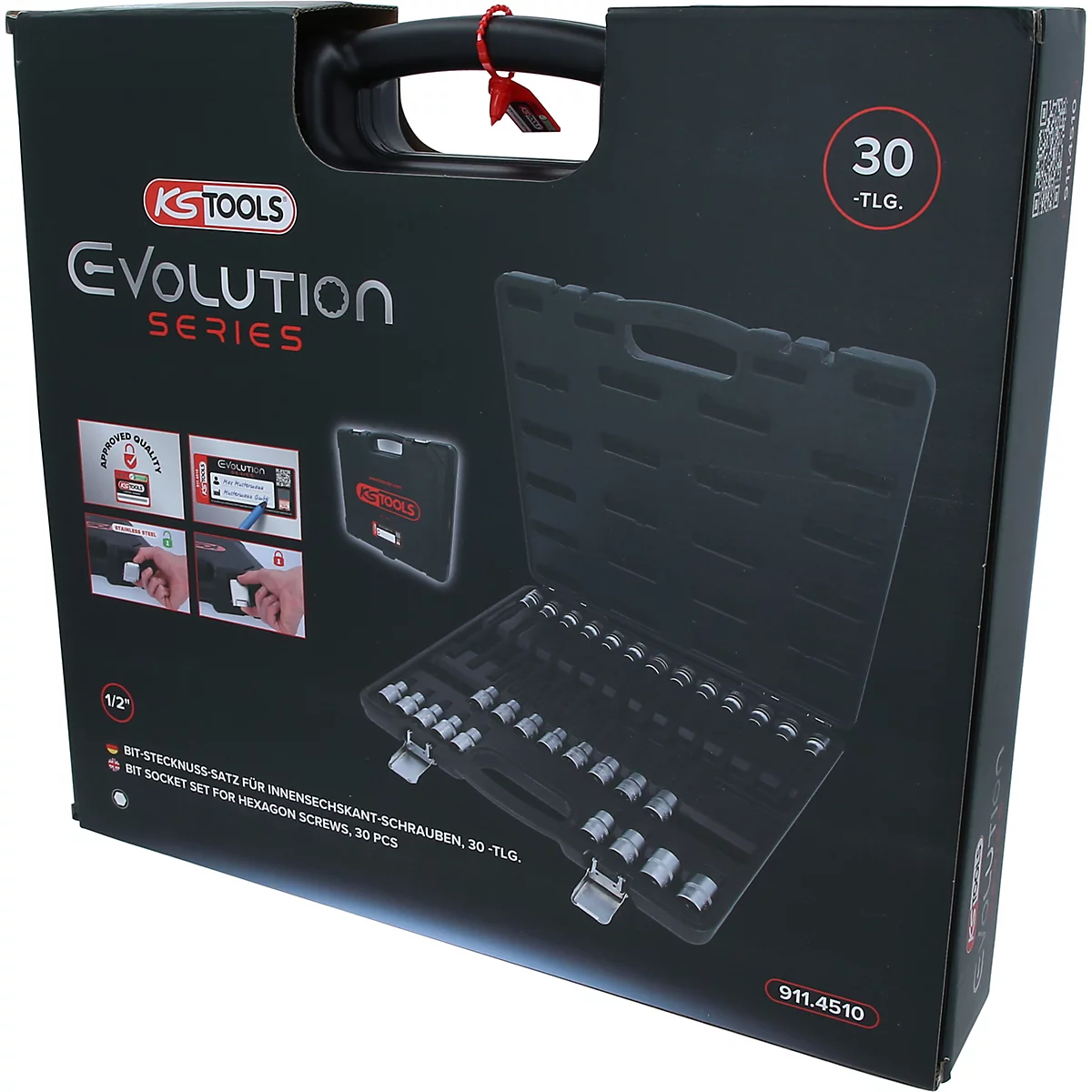 Coffret noir contenant un jeu de 30 douilles de KS Tools, série Evolution.