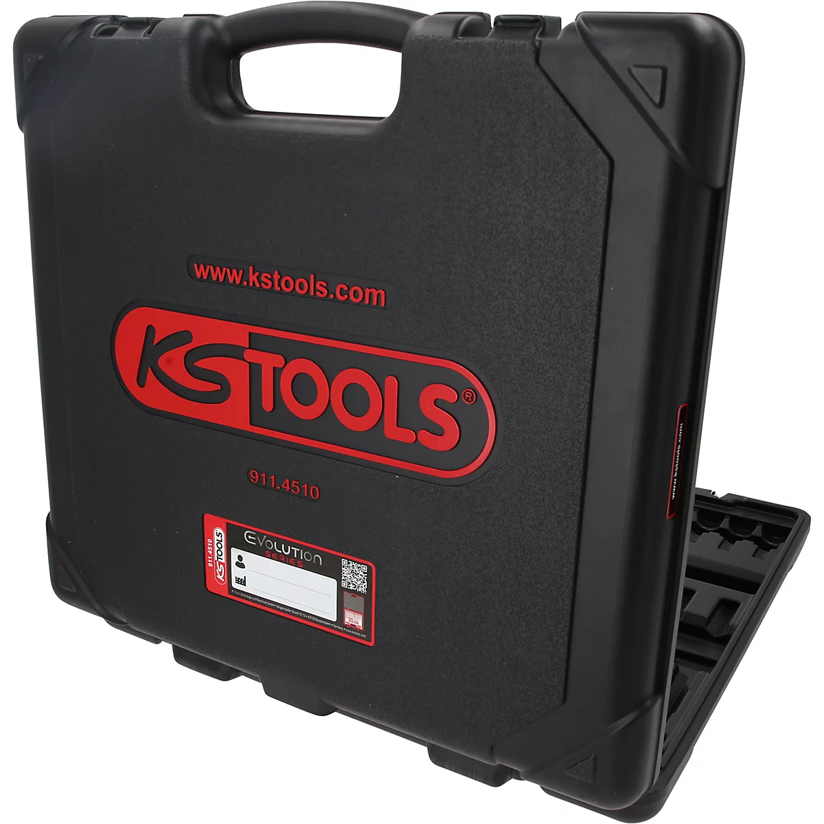 Mallette à outils en plastique noir KS Tools avec logo rouge sur le devant.