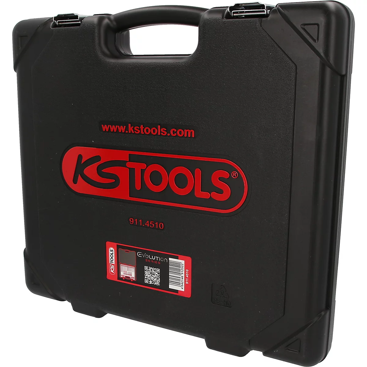 Mallette à outils noire KS Tools avec logo rouge et étiquette produit sur fond blanc.