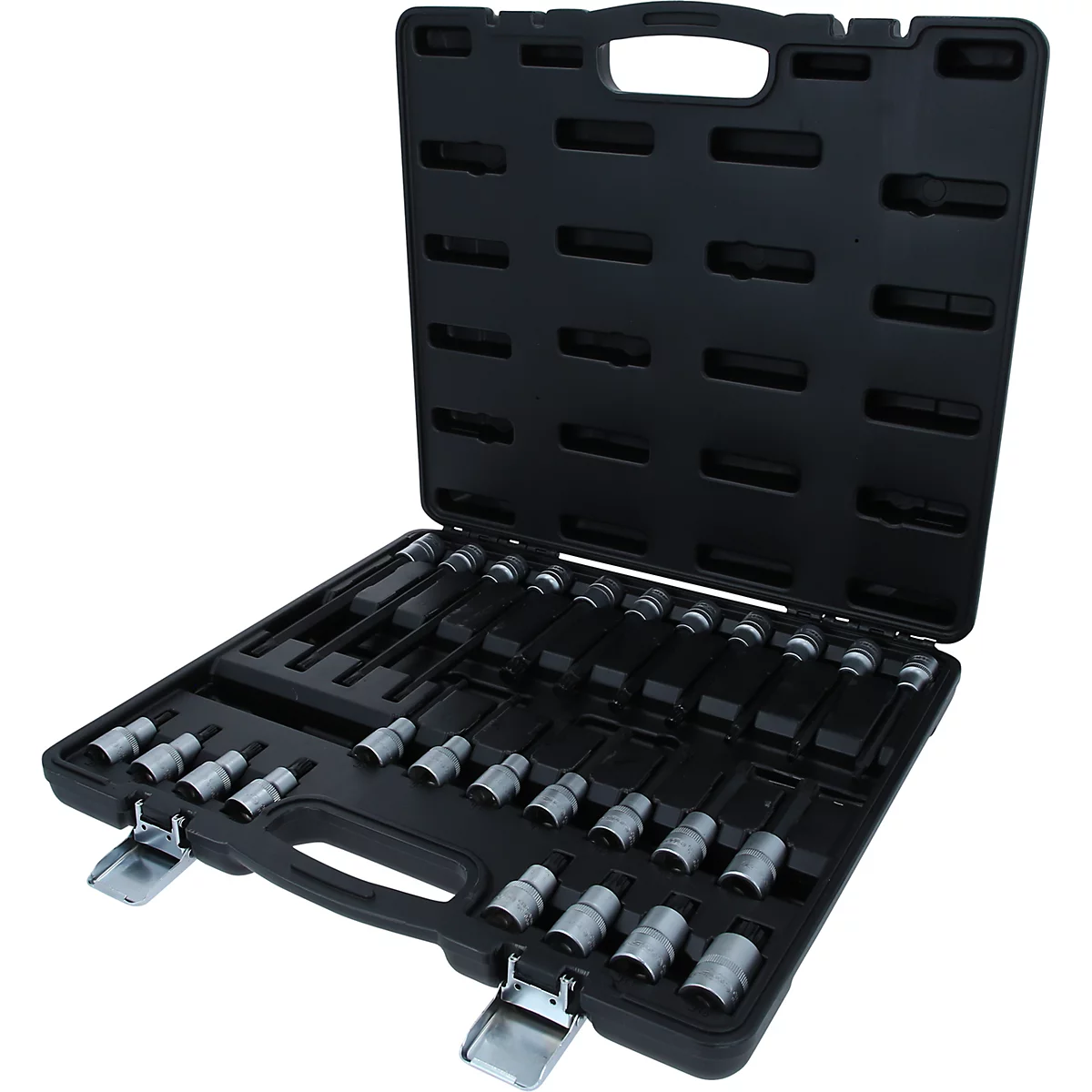 Mallette à outils ouverte en plastique noir contenant divers embouts de clé à douille argentés.