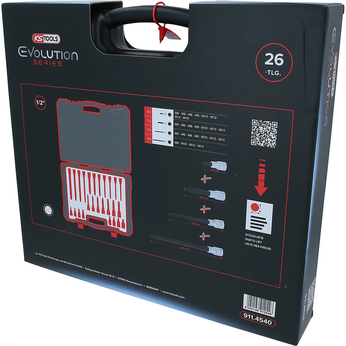 Coffret à outils noir de la série KS Tools Evolution avec 26 pièces et poignée de transport.
