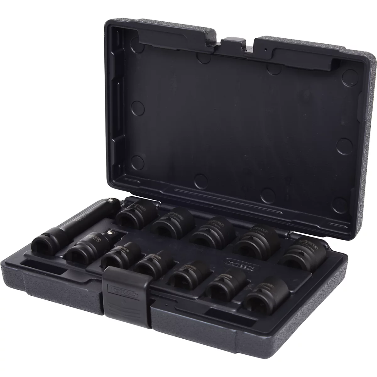 Mallette à outils noire avec jeu de douilles. Ouverte, contenu bien rangé et visible.