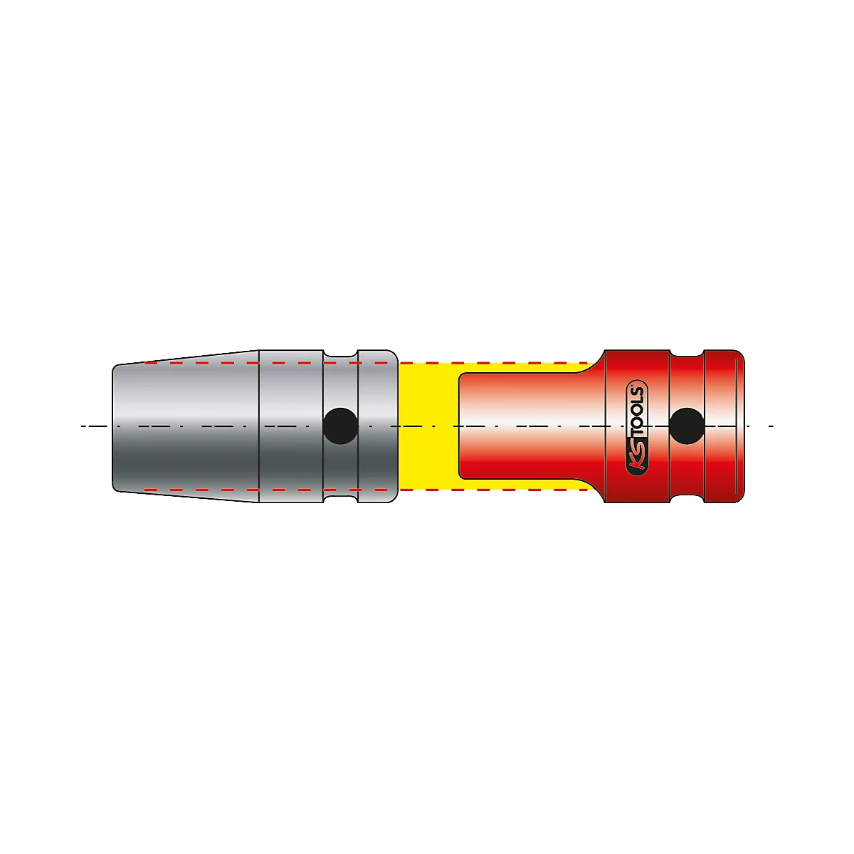 Deux accessoires d'outils, un argenté, un rouge. Les deux avec un trou noir et une ligne concentrique.