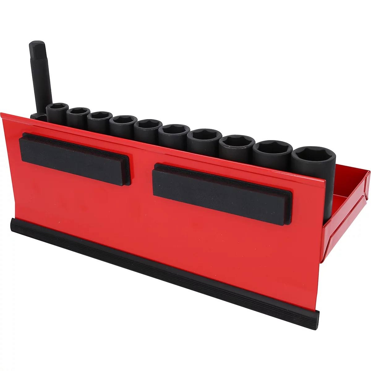 Boîte à outils rouge avec douilles et support. Noir en haut, un support noir en bas, aimants noirs à gauche et au milieu.