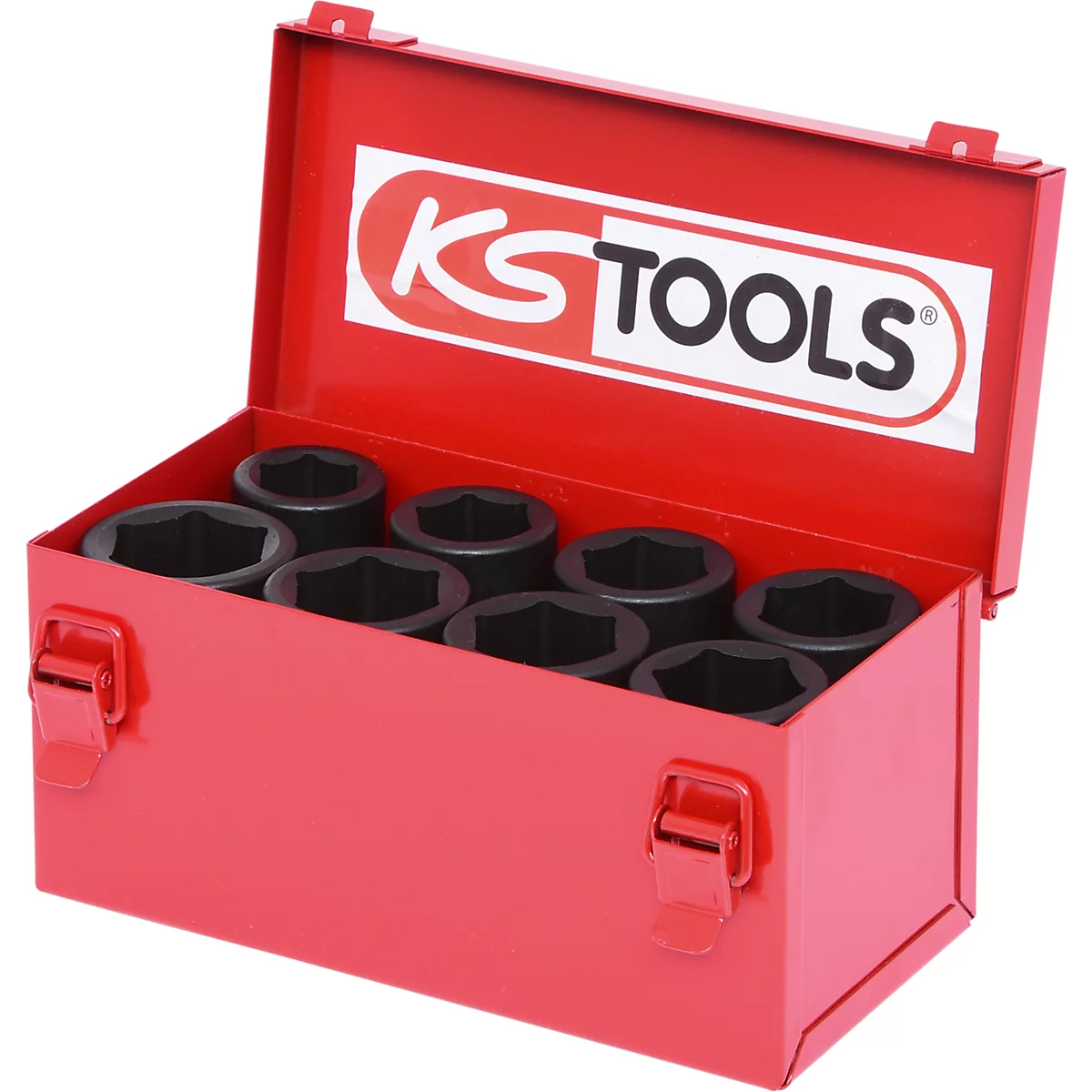Boîte à outils rouge avec douilles noires. "KS TOOLS" est écrit sur le couvercle.