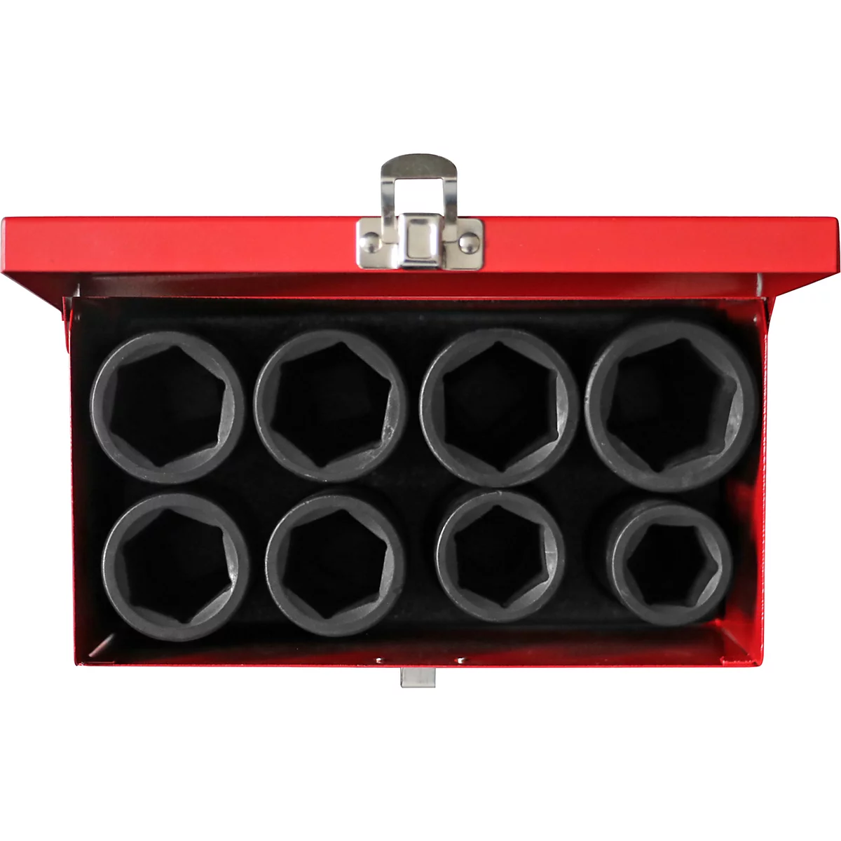 Boîte à outils rouge avec huit douilles hexagonales noires.