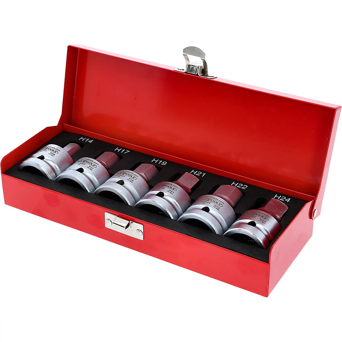 Boîte à outils rouge avec des embouts pour clés hexagonales. Les tailles sont H14, H17, H19, H21, H22, H24.