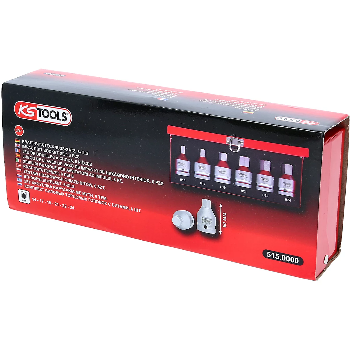 Boîte à outils rouge et noire avec le logo KS TOOLS. Contient six embouts de clé à douille et un adaptateur.