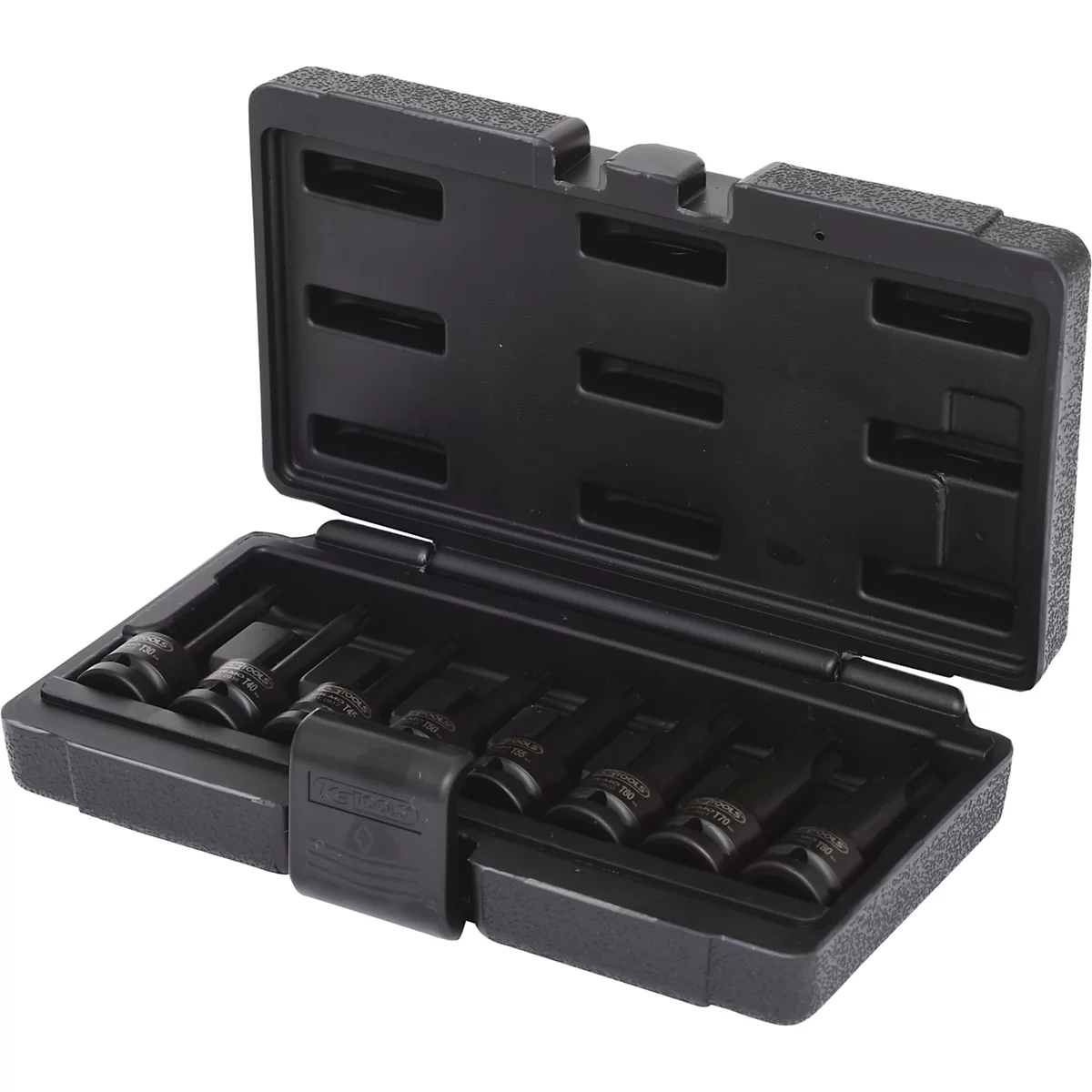 Boîte à outils noire avec un ensemble de douilles noires.