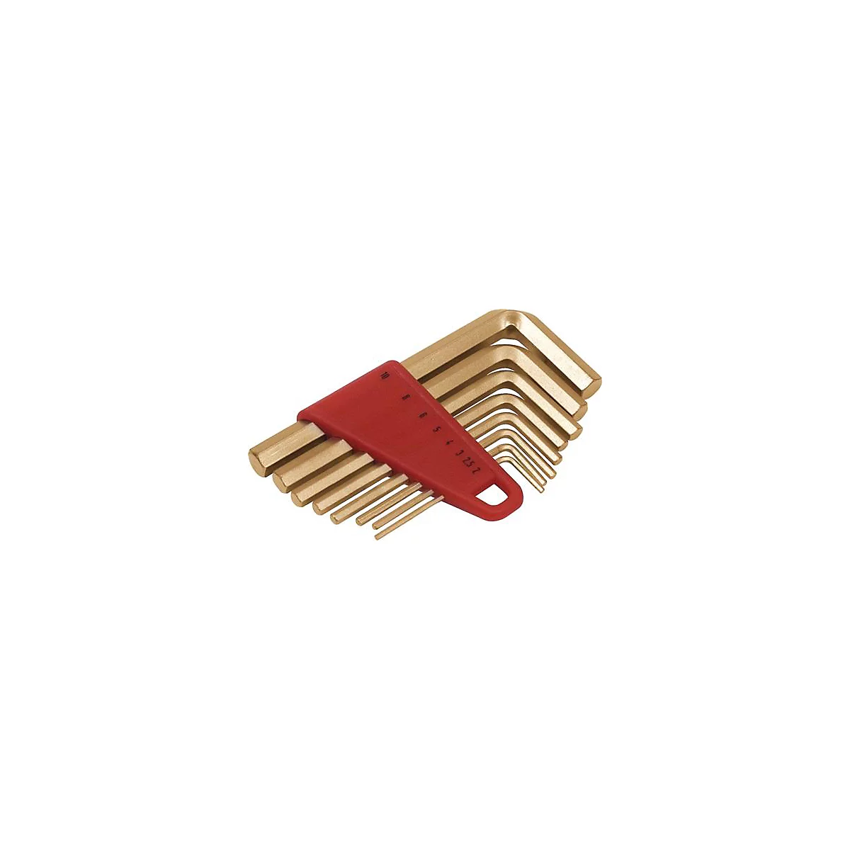 Un ensemble de clés Allen dorées avec un support rouge, numérotées de 2 à 10.