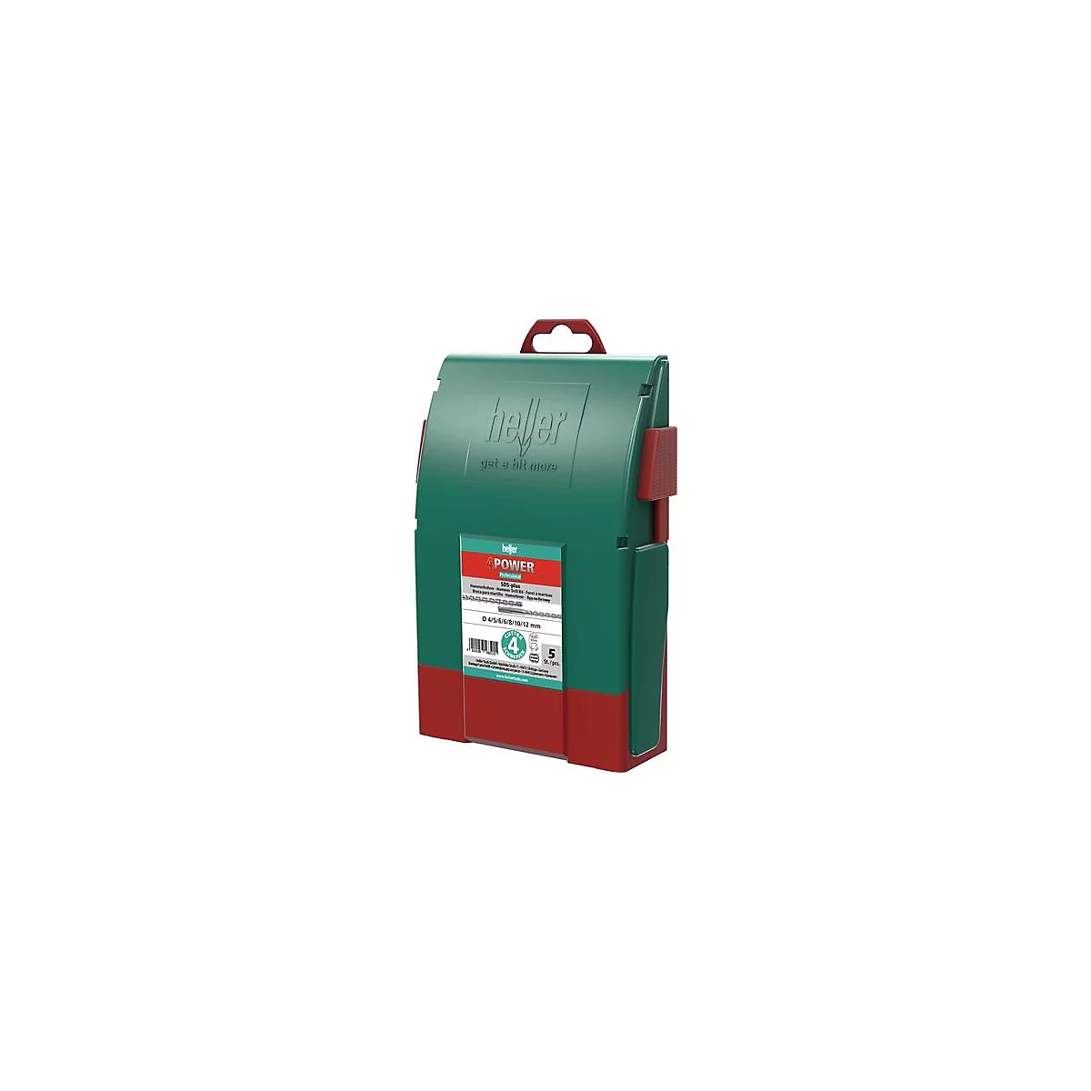 Boîte de forets verte avec poignée et détails rouges, avec le logo "heller". Étiquette avec informations sur le produit.