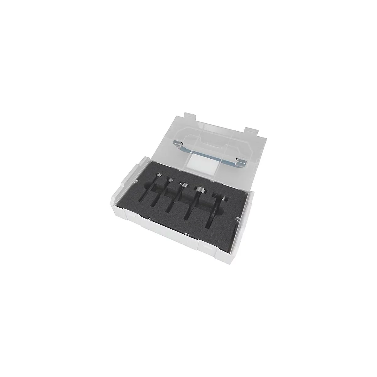 Boîte à outils blanche ouverte avec divers forets dans un insert en mousse noir.