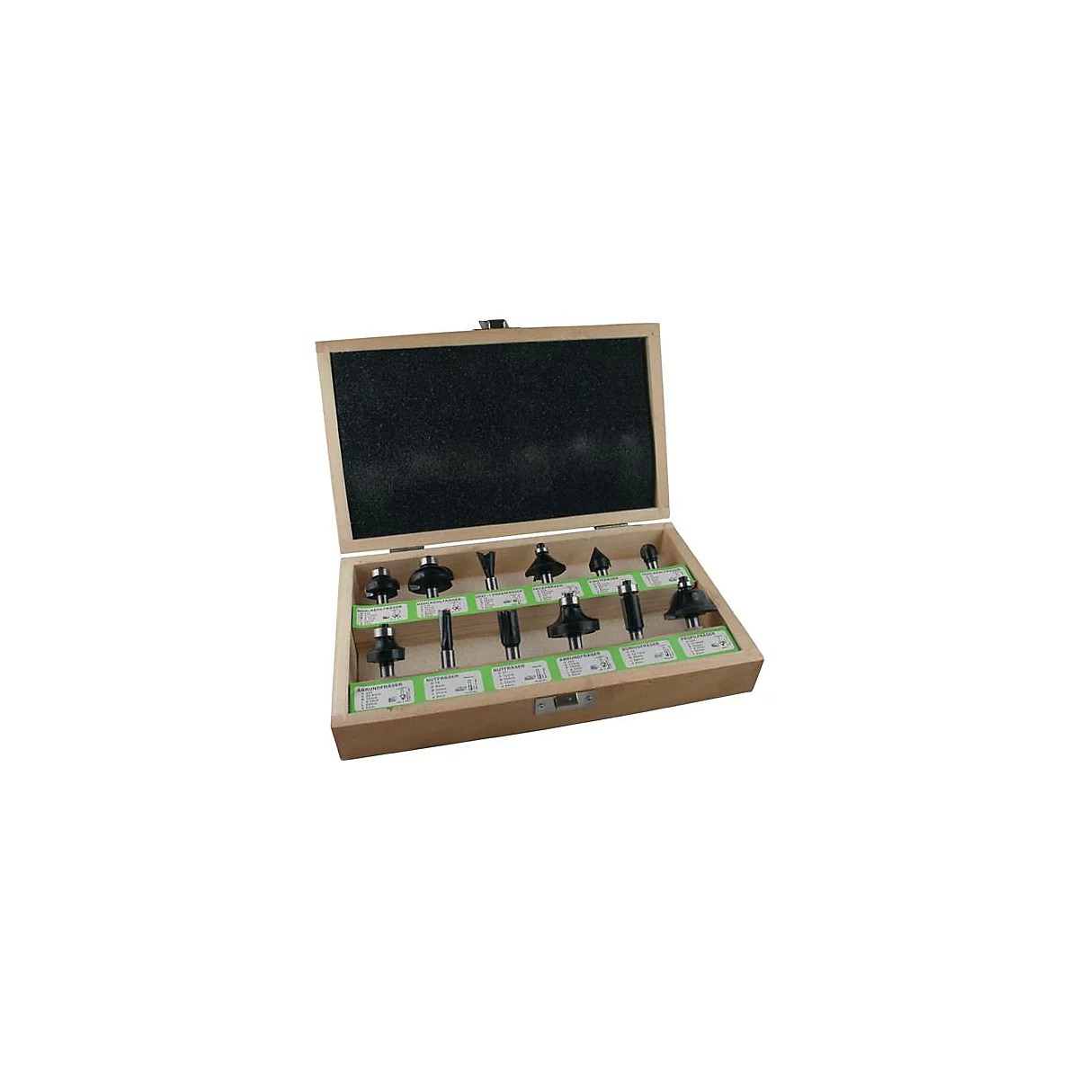 Coffret en bois avec un ensemble de mèches à défoncer pour le travail du bois. Les mèches à défoncer sont disposées dans un compartiment vert avec des étiquettes.