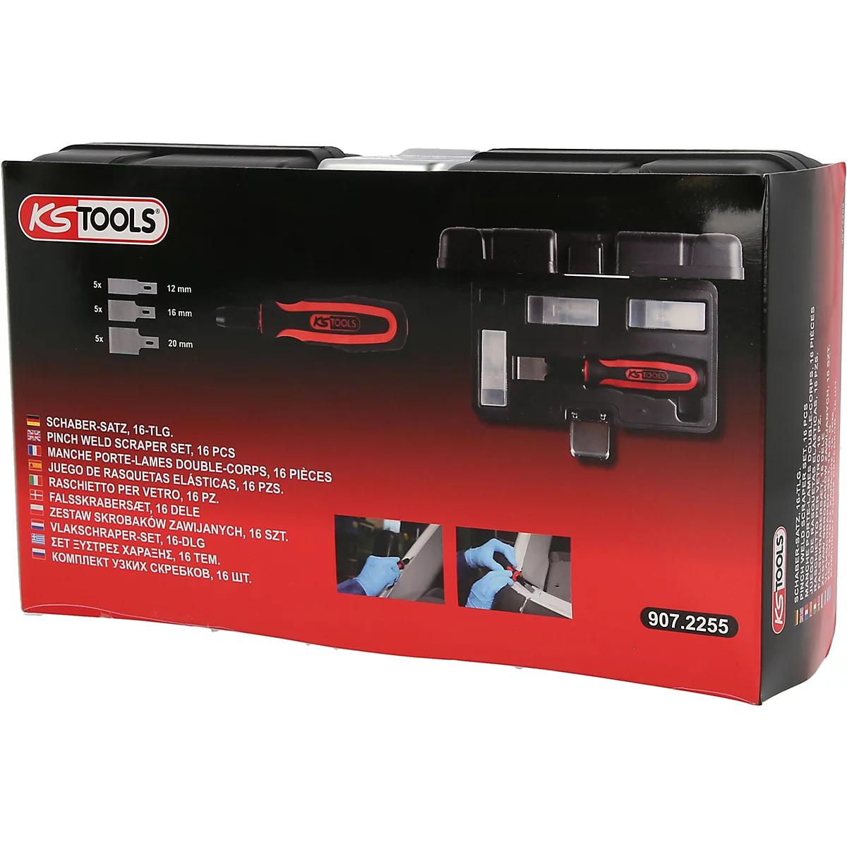 Ensemble de grattoirs KS Tools, 16 pièces, dans une boîte de rangement noir et rouge avec images et texte.