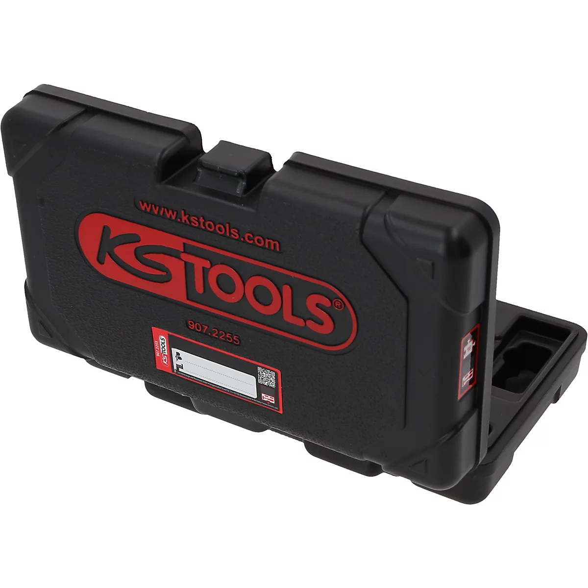 Mallette à outils noire en plastique KS Tools avec logo rouge sur le couvercle.