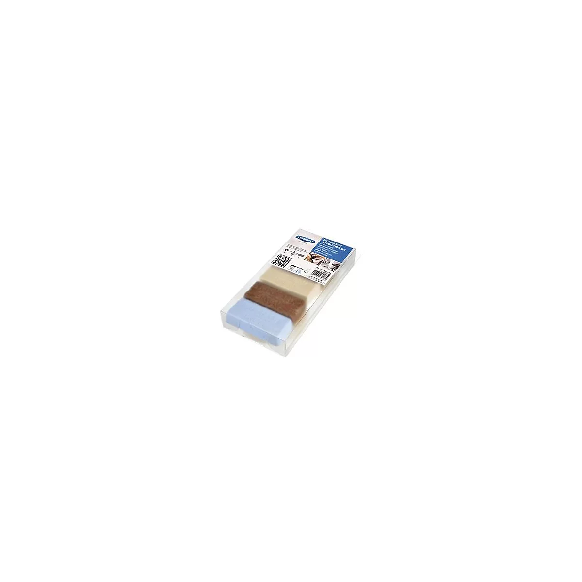 Kit de polissage dans un emballage plastique. Trois blocs de couleur, beige, marron et bleu clair, ainsi qu'une étiquette du produit.